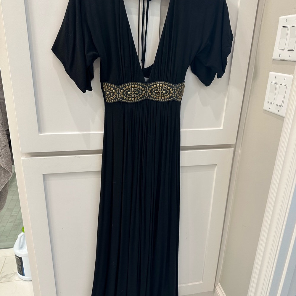 XS Sky Black and Gold beaded maxi dress.